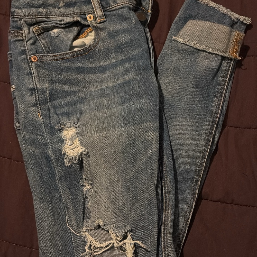 American Eagle Outfitters Blue Boyfriend Jeans Distressed Cuffed